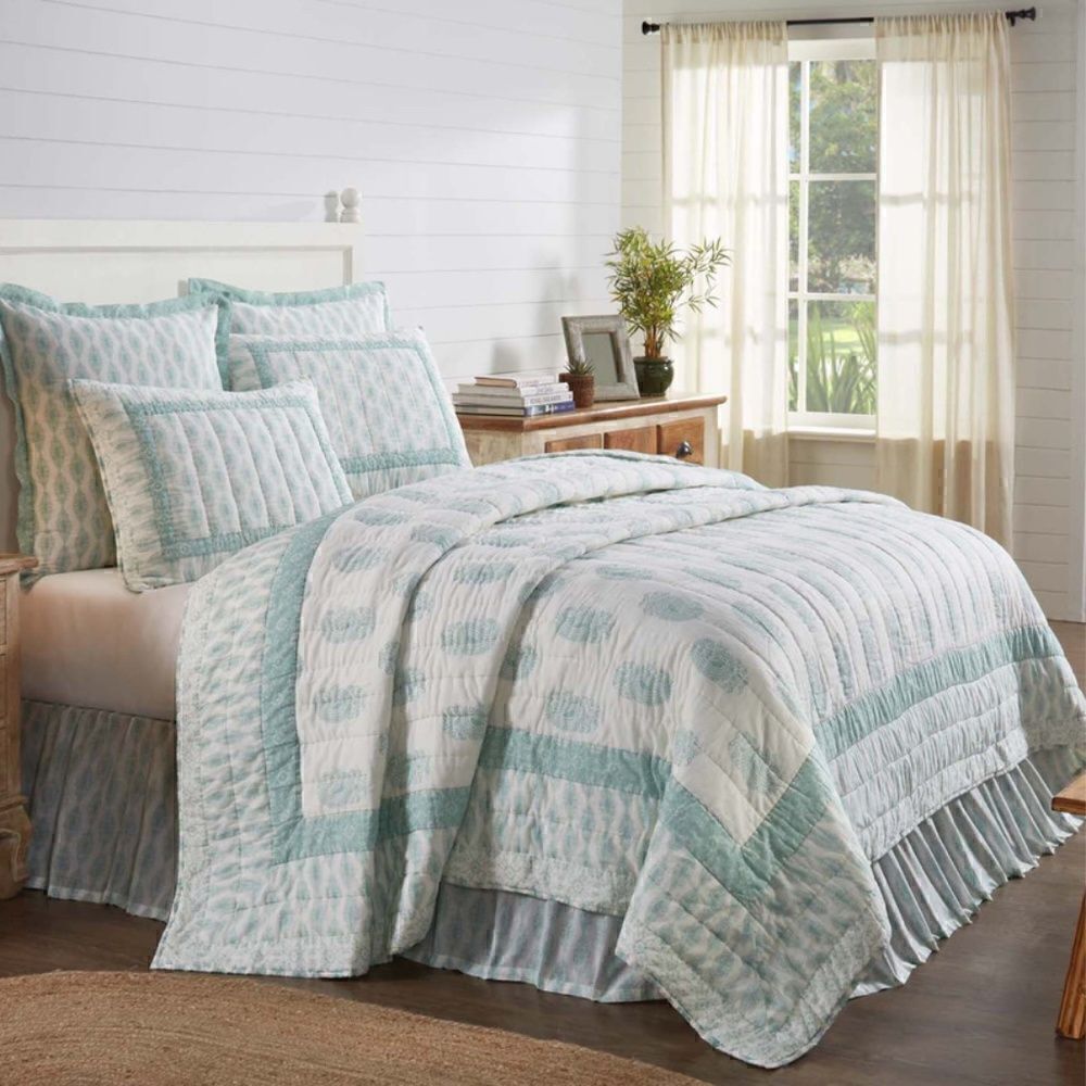 NEW! Cottage Farmhouse Mint Green Paisley 100% Cotton QUEEN Quilt Set Boho Sage